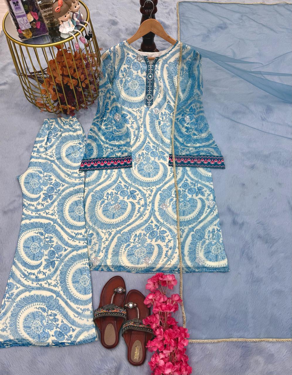 Pari Designer Party wear top with farshi plazo and dupatta set for woman