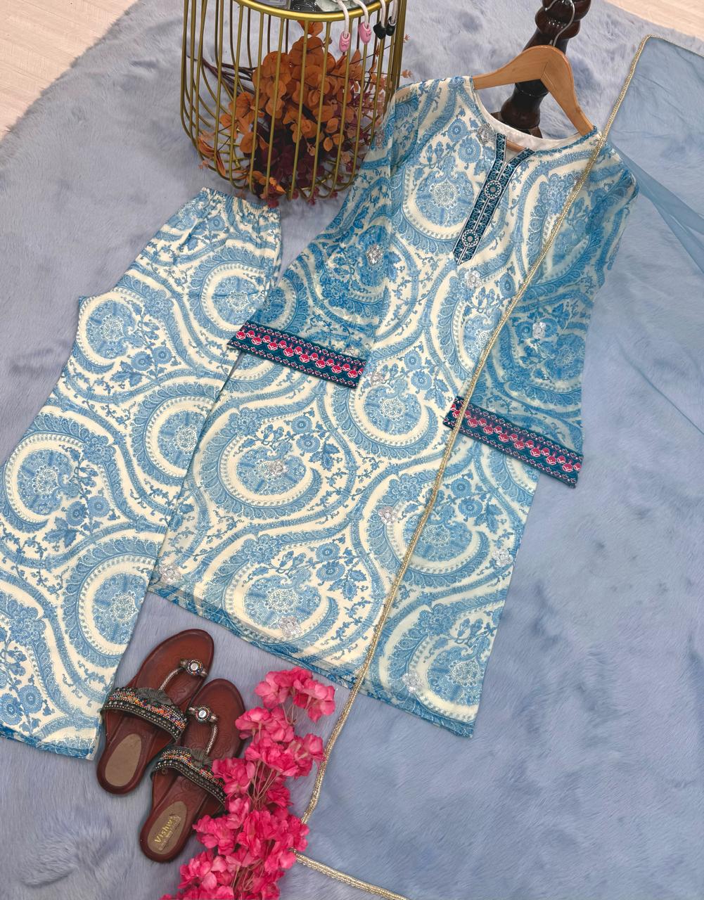 Pari Designer Party wear top with farshi plazo and dupatta set for woman